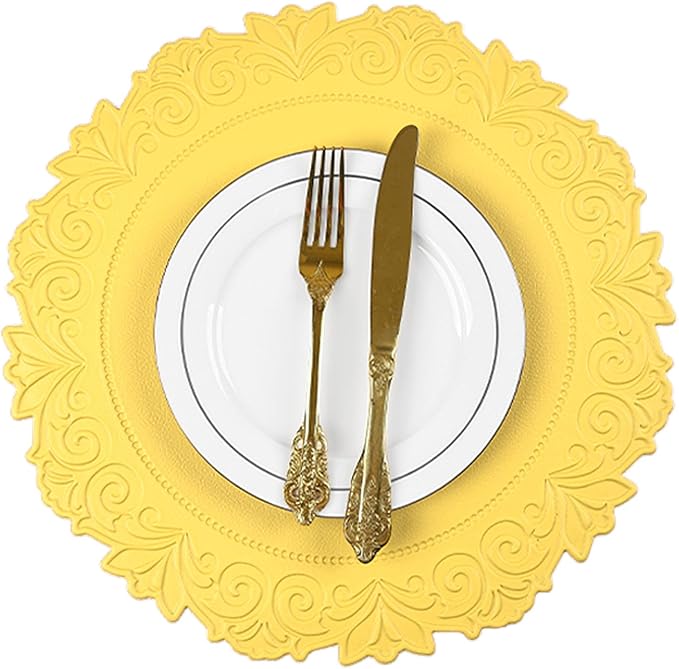 Noctiflorous Round Faux Leather 15 Inch Placemats Set of 6 Waterproof Wipeable Heat Resistant Tablemat for Dining Table Kitchen Non Slip Washable Oilproof Table Place Mat(Mango Yellow, 6)