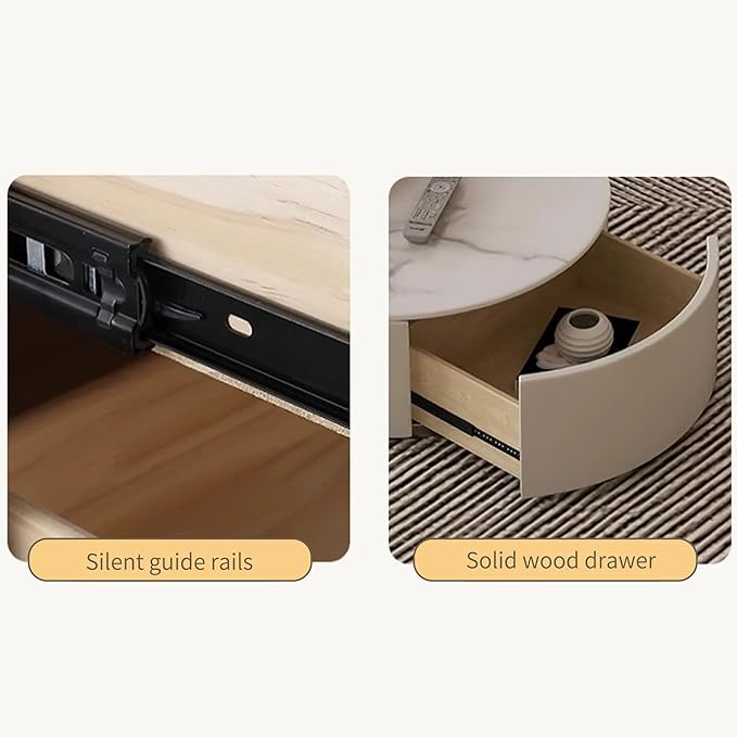 31.5'' Round Coffee Table, Modern Nesting Coffee Table with Storage Drawer, White Sintered Stone Coffee Table Wood Coffee Table for Living Room, Office