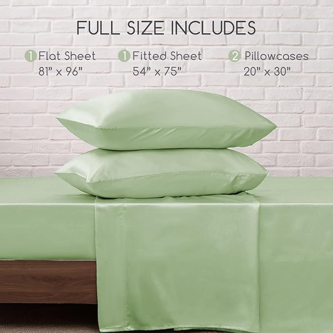 MR&HM Satin Bed Sheets with Elastic Corner Straps, Full Size Sheets Set, 4 Pcs Silky Bedding Set with 15 Inches Deep Pocket for Mattress (Full, Light Sage)