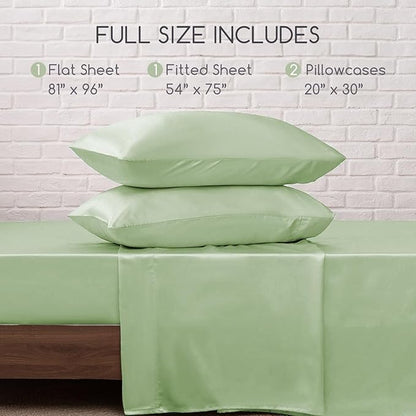 MR&HM Satin Bed Sheets with Elastic Corner Straps, Full Size Sheets Set, 4 Pcs Silky Bedding Set with 15 Inches Deep Pocket for Mattress (Full, Light Sage)