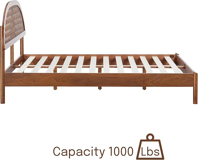 NTC Gem Wooden Bed Frame with Headboard, Crafted from Walnut, Rubber Wood with Silent Slats and Wood Central Supports, 1000 Lb Capacity, Effortless Assembly, King - Dark Walnut