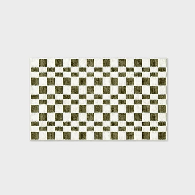 EVERGRACE Checkered Plaid Area Rug 3x5, Soft Fuzzy Faux Wool Rugs Washable Anti Slip Rugs Small Rug Carpet for Entryway Bedroom Living Room Hallway Kitchen Dining Room and Laundry Room, Olive Green