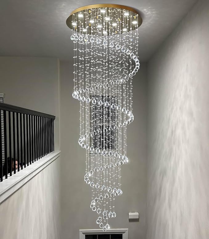 118 Inches Crystal Glam Chandelier Long Light Chandeliers with Dimmable Light Bulbs Gold High Ceiling Pendants Light Fixtures for Foyer Entryway Living Room Stair