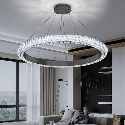 32" 1 Ring Crystal Chandelier Modern LED Dimmable Ring Pendant Light Chandelier for Dining Room Living Room Black