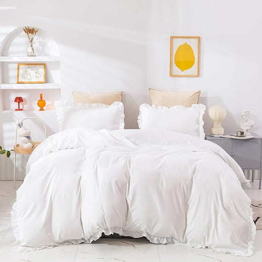 Pureant White Ruffle Comforter Set Queen Boho Lace Bedding Comforter Vintage Farmhouse Comforter Women Girls Solid Color Shabby Chic Bed Quilts Plain White Lightweight Fluffy Ruffled Fringe Bed