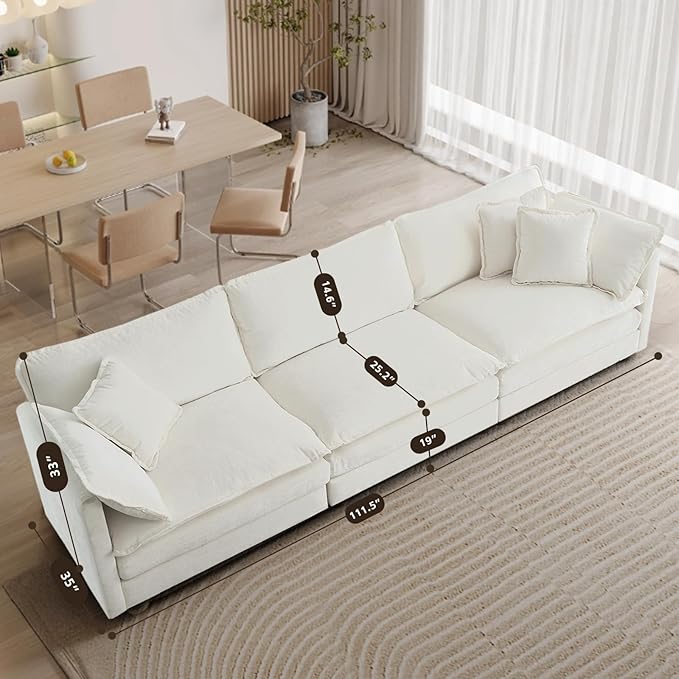 SoarFlash Chenille Sectional Sofa, Comfy Modular Loveseat Sofa, Modern 3-Seat Couch Deep Seat Sofa Set for Living Room,White