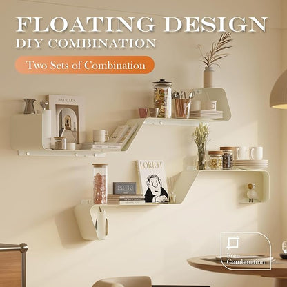 Floating Shelves - Set of 3 Wall Mounted Metal Shelves with Unique Design for Wall Storage, Book Shelf, Display Shelves for Bathroom, Bedroom, Kitchen, Living Room, White