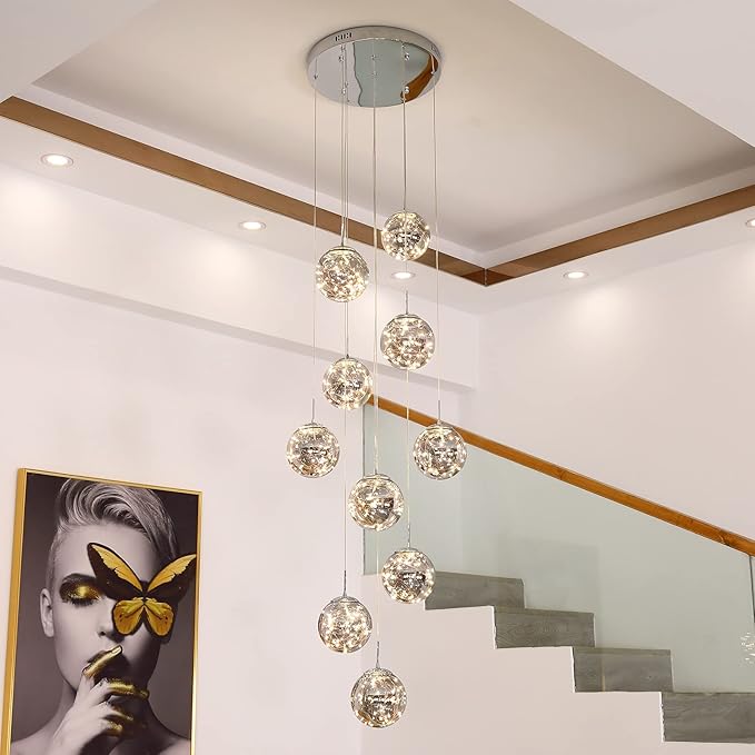 10-Light LED Staircase Chandelier Crystal Ceiling Lights Large Chandeliers for High Ceilings, Entryway Modern Lighting Fixture Villas and Stairs, Adjustable Length 16" W x79 H，50W -Grey