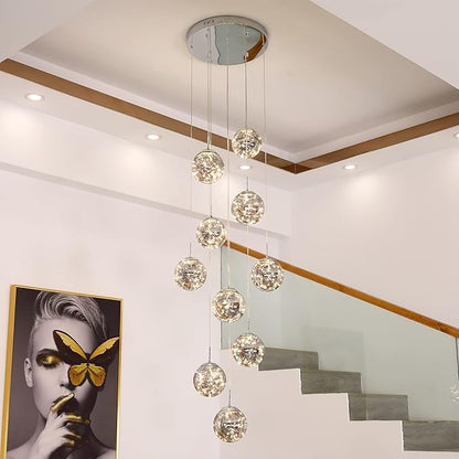 10-Light LED Staircase Chandelier Crystal Ceiling Lights Large Chandeliers for High Ceilings, Entryway Modern Lighting Fixture Villas and Stairs, Adjustable Length 16" W x79 H，50W -Grey