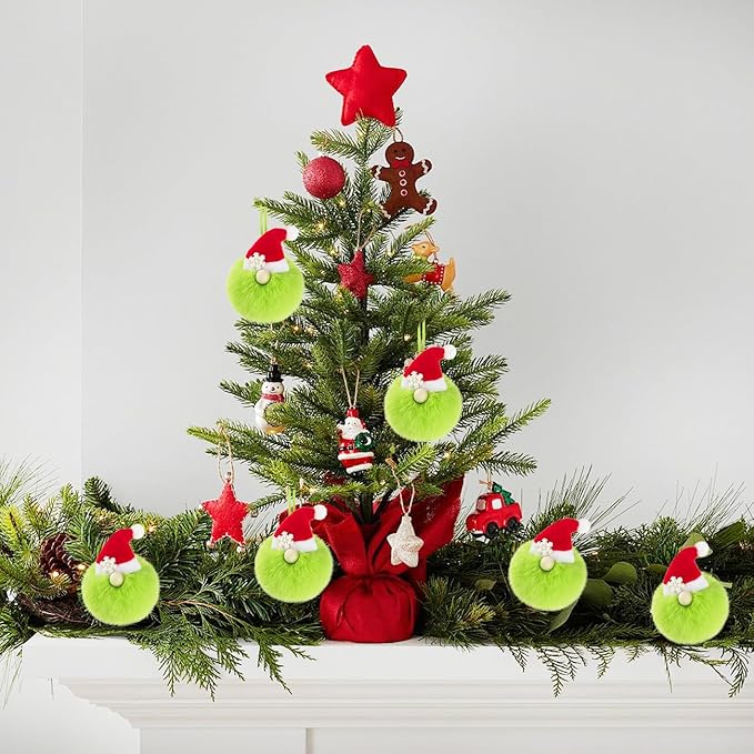 12ct 3.1'' Green Gnome Christmas Ball Ornaments, Soft Faux Fur Pom Pom Decorations with Santa Hat and Snowflake, Hanging Ornaments for Christmas Tree, Mantel, Home & Holiday Decor