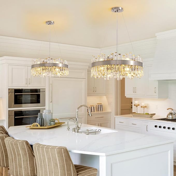 Siljoy 12-Light Modern Crystal Chandelier Round Brushed Nickel 2-Tier K9 Crystal Raindrop Chandelier Luxury Adjustable Hanging Ceiling Light Fixture for Living Dining Room Kitchen Island D23.6''