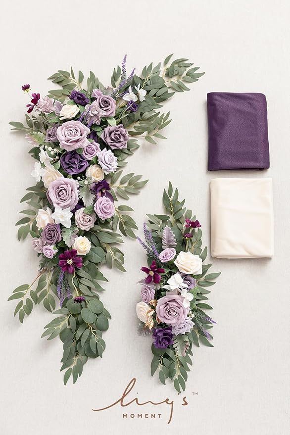 Ling's moment Purple Lilac Artificial Wedding Arch Flowers Kit Pack of 4, 2pcs Hanging Flower Arrangement 2pcs Chiffon Drapes Ceremony Reception Fake Rose Arbor Backdrop Floral Party Outdoor Decor