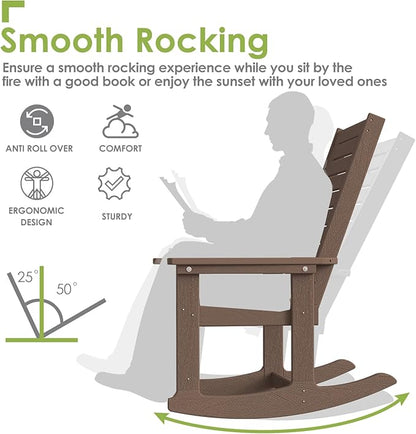 GREENVINES Outdoor Rocking Chairs | Set of 2 | Porch Rocker | HDPE Plastic | Wood Grain | Oversized Rockers | High Back | Big & Tall | Ladder Back | Dark Brown | for Patio Outside