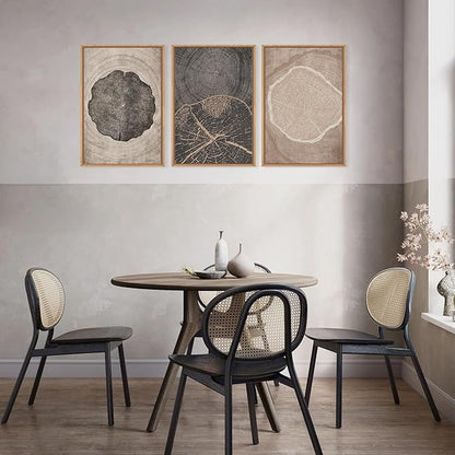 HOURIA Neutral Brown Tree Rings Framed Canvas Wall Art Set,Modern Beige Tan Wood Stump Wall Decor,Vintage Abstract Tree Spiral Art Print,Nature Black Artwork for Living Room,Bedroom,Office- 24"x36"x3