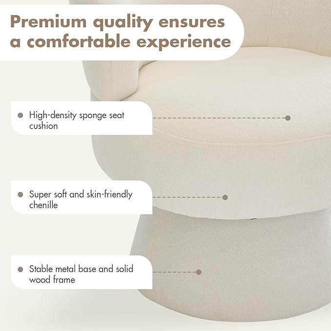 360° Swivel Accent Chairs Set of 2, Modern Chenille Upholstered Boucle Dining Chair with Back, Vanity Chair Accent Armchair Side Chairs for Dining/Living Room, Bedroom, White