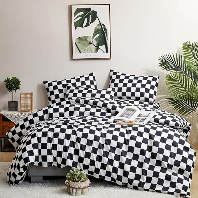 CLOTHKNOW California King Comforter Set Black Grid 3Pcs Bedding Comforter Sets Checker Comforter Black and White Comforter Sets Cal King