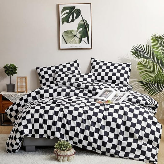 CLOTHKNOW California King Comforter Set Black Grid 3Pcs Bedding Comforter Sets Checker Comforter Black and White Comforter Sets Cal King