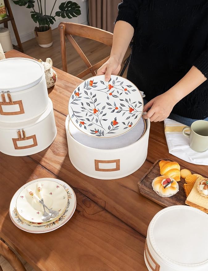 StorageWorks China Storage Containers, Hard Shell China Storage Boxes for Dishes, Plates and Mugs, Stemware Storage Cases, Holds up to 12 Place Setting, Foldable and Stackable Organizer, 5 Pack, Beige
