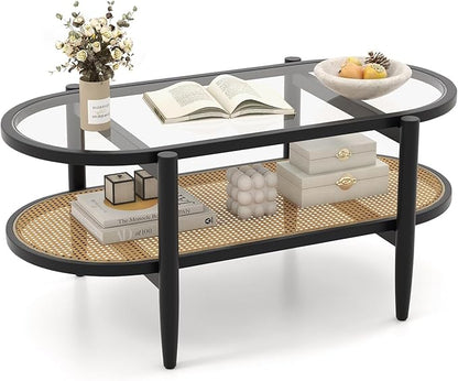 Moccha Boho Coffee Table, 2-Tier Center Table with Tempered Glass Tabletop & PE Rattan Storage Shelf, Mid Century Modern Tea Table, 40" L Oval Accent Table for Living Room, Office (Black)