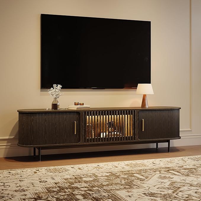 POVISON Sliding Tambour Door TV Stand with LED Lights, Mid Century Modern TV Console, Wood Media Console, Entertainment Center with Storage Cabinet, Fully-Assembled (Black, 78.74")