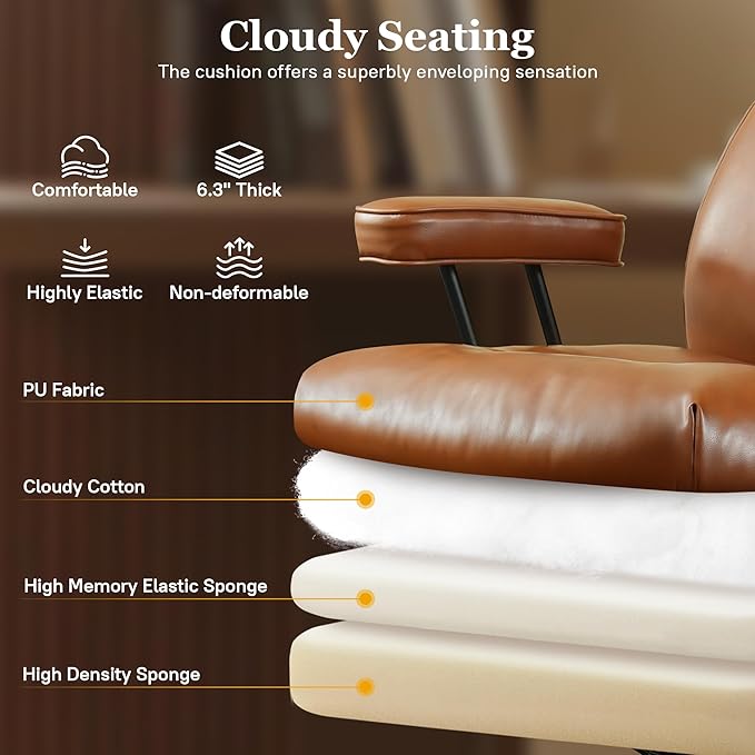 Mid Century Modren Big and Tall Office Chair,Large Ergonomic Executive Chair for Heavy Duty People, Desk Task Chair with Wheels, Faux Lether Fabric Wide Chair for Home Sturdy,Brown(PU)