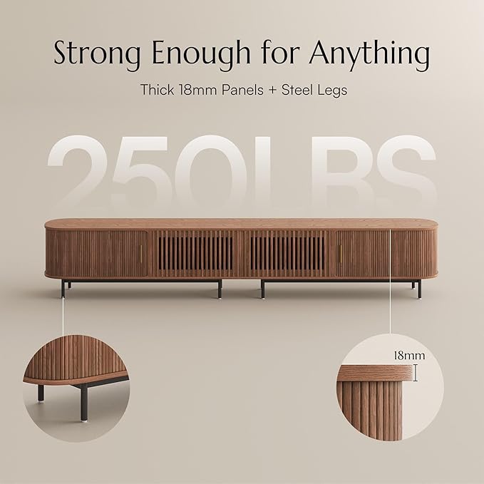 POVISON Fully-Assembled Sliding Tambour Door TV Stand, Mid Century Modern TV Console, Wood Media Console, Entertainment Center with Storage Cabinet (Walnut, 118.11")