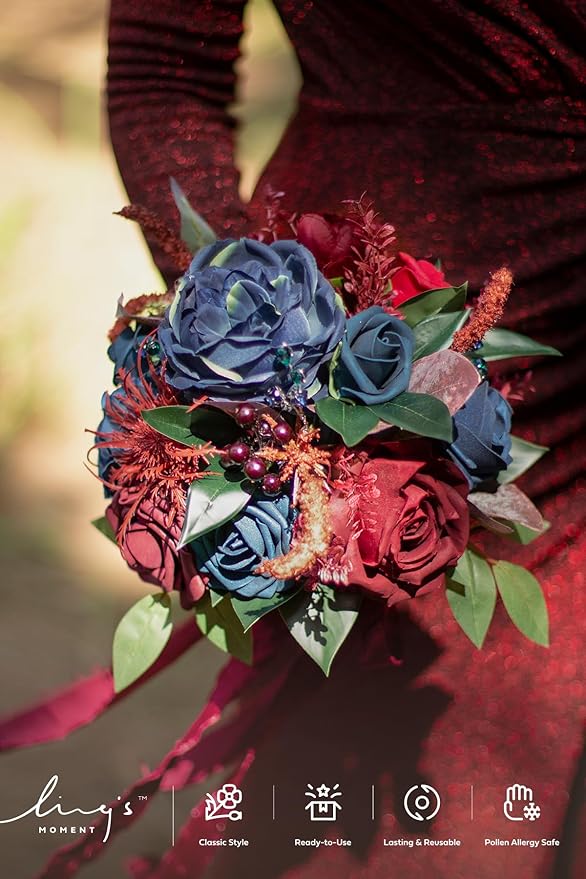 Ling's moment Artificial Flowers Burgundy and Navy Bridesmaid Bouquet, Wedding Flowers Bouquets for Bridesmaids, 7 Inch Bridal Bouquets for Bridesmaids, Wedding Decor, Anniversary, etc