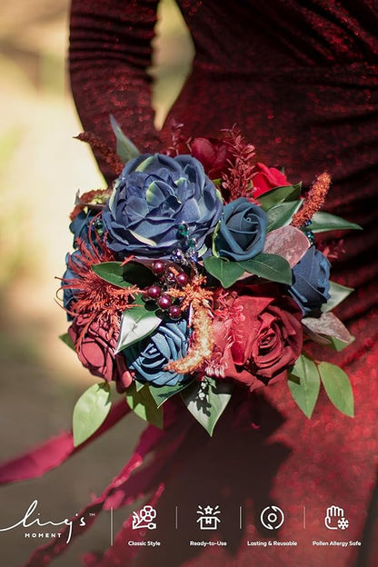 Ling's moment Artificial Flowers Burgundy and Navy Bridesmaid Bouquet, Wedding Flowers Bouquets for Bridesmaids, 7 Inch Bridal Bouquets for Bridesmaids, Wedding Decor, Anniversary, etc