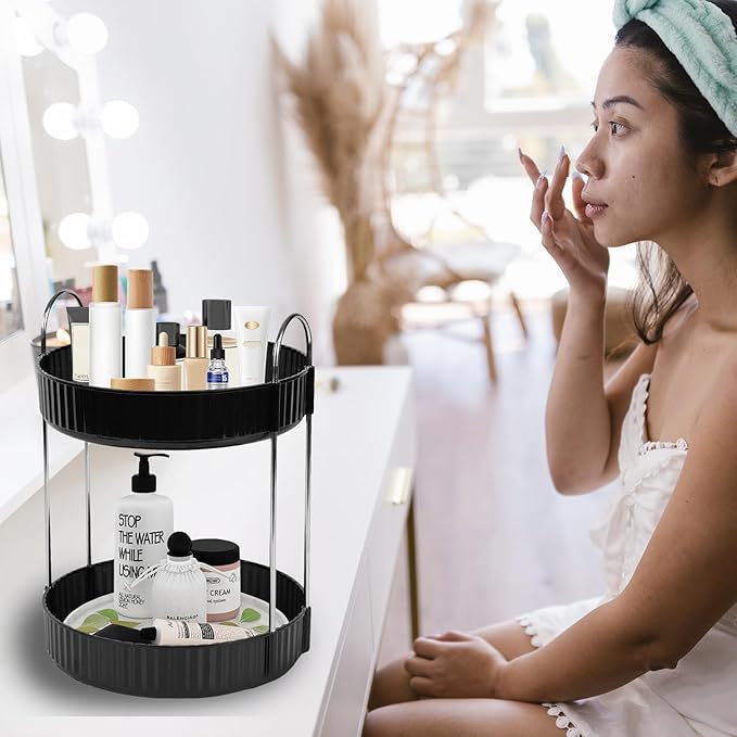Rotating Makeup Organizer Countertop 2 Tier Lazy Susan Spinning Skincare Perfume Storage for Bathroom Counter Vanity, Black