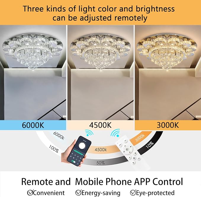Modern Chandelier Living Room Light Glam Chandeliers Ceiling Light Fixture Remote Dimmable Lights 40 Inches Luxury Crystal Silver Dining Room Lights