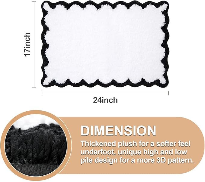 ORTIGIA Small Cute Scalloped Bath Mat, White and Black Plush Microfiber Scallop Bathroom Rugs Non Slip Washable Quick Dry Absorbent, Bathmat for Shower Stall Vanities Kitchen Floor Entrance, 17x24