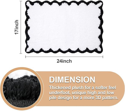 ORTIGIA Small Cute Scalloped Bath Mat, White and Black Plush Microfiber Scallop Bathroom Rugs Non Slip Washable Quick Dry Absorbent, Bathmat for Shower Stall Vanities Kitchen Floor Entrance, 17x24