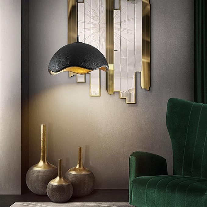 JAYMP 40cm Modern Pendant Light for Dining Room Kitchen Island Hanging Lamp E26 Base Japanese Wabi-Sabi Style Bird Nest Shape Lighting Fixture,1 Pack(Black and Gold,D Shape, 40cm/15.7inch)