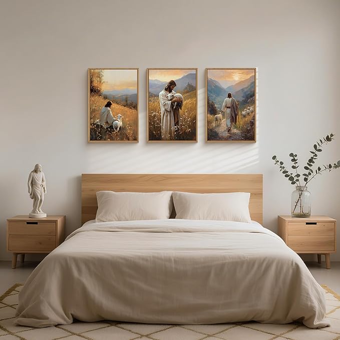 HOURIA Jesus Leaves The 99 Sheep Framed Canvas Wall Art Set,Christian The Lost Sheep Wall Decor,Jesus Embraces Lamb Artwork,Religious Biblical Art Prints for Living Room, Bedroom, Church- 16"x24"x3