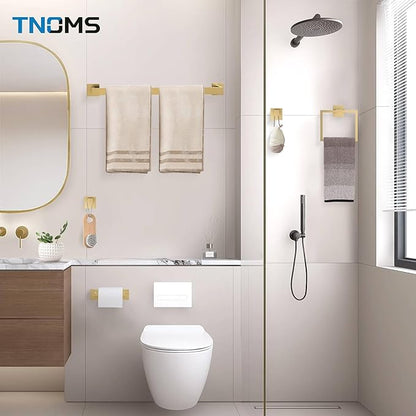 TNOMS 5-Piece Towel Bar Set Brushed Gold Bathroom Hardware Accessories Set Includes Upgraded Double Base Toilet Paper Holder,Modern Square Towel Holder Set Stainless Steel Wall Mount 23.6 Inch