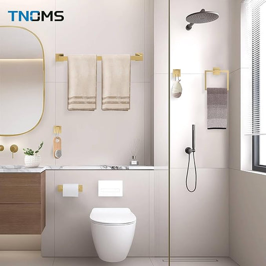 TNOMS 5-Piece Towel Bar Set Brushed Gold Bathroom Hardware Accessories Set Includes Upgraded Double Base Toilet Paper Holder,Modern Square Towel Holder Set Stainless Steel Wall Mount 23.6 Inch