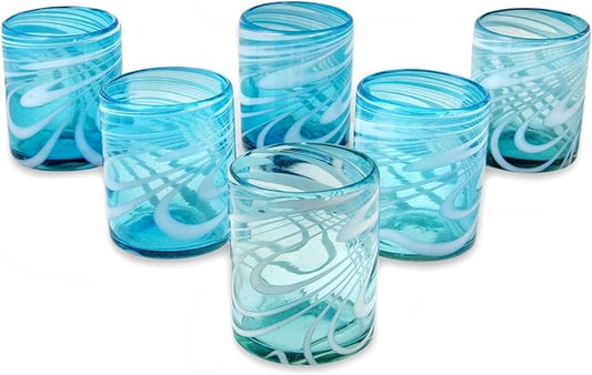 NOVICA Light Blue And White Swirl Hand Blown Glass Rock Glasses, 11 Oz, 'Whirling Aquamarine' (Set Of 6)