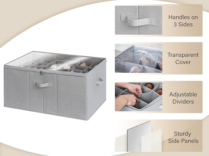 StorageWorks Shoe Organizer for Closet, Fits up to 24 Pairs, Shoe Cubby Storage Containers with Adjustable Dividers and Clear Cover, Grey