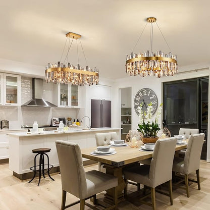 Siljoy Modern Crystal Chandelier 16 Lights Luxury Gold Round 2 Tiers Raindrop Chandelier Dimmable Flush Mount Crystal Ceiling Light for Dining Room Living Room Entryway Foyer D31.5''
