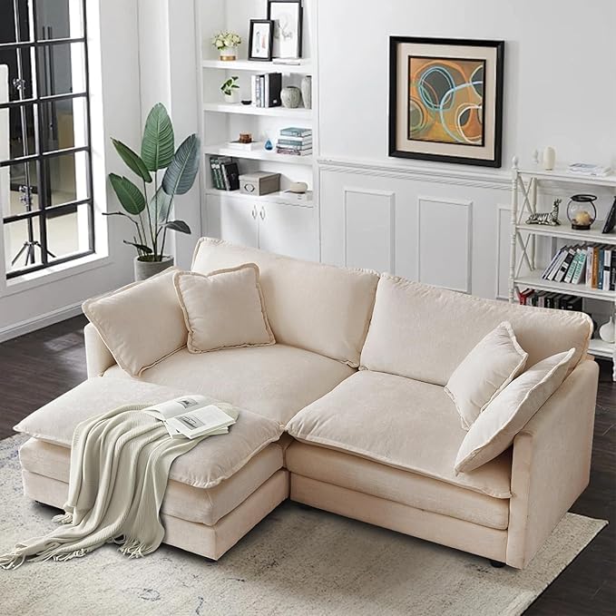 SoarFlash Chenille Sectional Sofa, Comfy L Shaped Modular Coush Sofa with Ottoman, Modern 2 Seat Couch Deep Seat Sofa Set for Living Room,Light Coffee