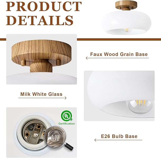Mid-Century Modern Semi Flush Mount Ceiling Light, Faux Wood Kitchen Ceiling Light Fixture with Glass Shade, Mini White Close to Ceiling Lamp for Entryway Hallway Bathroom (11.0 Inch)