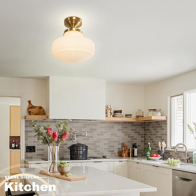 Mid Century Modern Flush Mount Ceiling Light Fixture Vintage Milk Glass Gold Close to Ceiling Lamp Schoolhouse Ceiling Light for Hallway Farmhouse Bedroom Kitchen