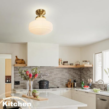 Mid Century Modern Flush Mount Ceiling Light Fixture Vintage Milk Glass Gold Close to Ceiling Lamp Schoolhouse Ceiling Light for Hallway Farmhouse Bedroom Kitchen