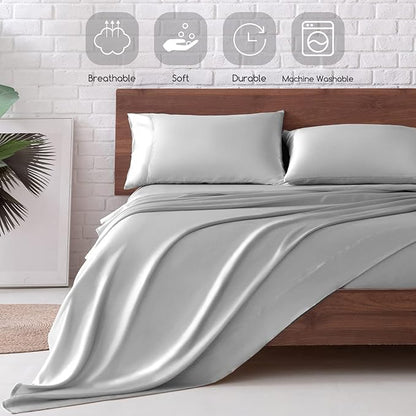 MR&HM Satin Bed Sheets, Twin Size Sheets Set, 3 Pcs Silky Bedding Set with 15 Inches Deep Pocket for Mattress (Twin, Silver Grey)