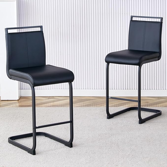 Bar Stools Set of 6,25" Counter Height Bar Stools with Footrest,Black Faux Leather Kitchen Stools with Black Painted Metal Leg,Counter Height Stools Ideal for Island Pub Kitchen Counter Dining Chair