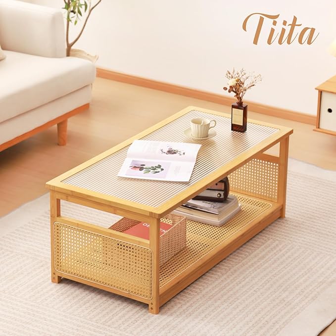 Tiita Coffee Tables for Living Room，Mid Century Modern Storage 2-Tier Coffee Tables，Rattan Glass RectangleTables，Suitable for Living Room Apartment，Wood