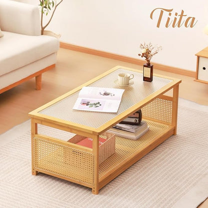 Tiita Coffee Tables for Living Room，Mid Century Modern Storage 2-Tier Coffee Tables，Rattan Glass RectangleTables，Suitable for Living Room Apartment，Wood