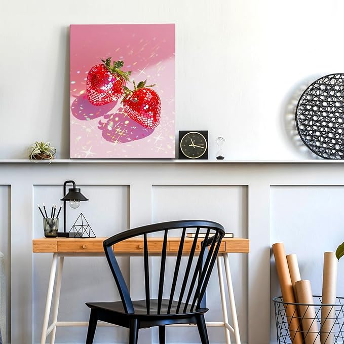 APJYM Funky Y2K Disco Ball Strawberry Wall Art, Trendy Retro 70s Preppy Pink Girly Strawberry Aesthetic Canvas Wall Art for Girls Room Bedroom Dorm Apartment Decor, 11x14 Inches Framed
