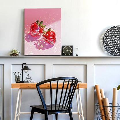 APJYM Funky Y2K Disco Ball Strawberry Wall Art, Trendy Retro 70s Preppy Pink Girly Strawberry Aesthetic Canvas Wall Art for Girls Room Bedroom Dorm Apartment Decor, 11x14 Inches Framed