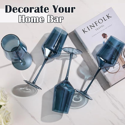 Midnight Blue Wine Glasses Set of 6-15oz Hand Blown Blue Wine Glasses Set for Party Wedding Home Bar